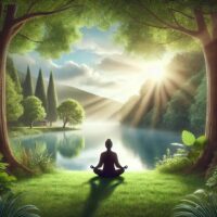 A person practicing meditation or deep breathing in a peaceful environment, focusing on improving mental health and energy levels.